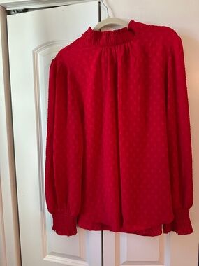 LOFT Red Swiss Dot Smocked Neck Blouse